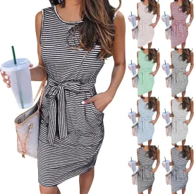 midelxp Womens Sundresses Casual Striped Sleeveless Tie Waist Shirt Dress with Pockets Casual Loose Crewneck Vacation Dresses