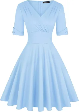 MINTLIMIT Women's 1950s Vintage Wrap V Neck Half Sleeve Retro Cocktail Swing Dress Plain A-line Dresses