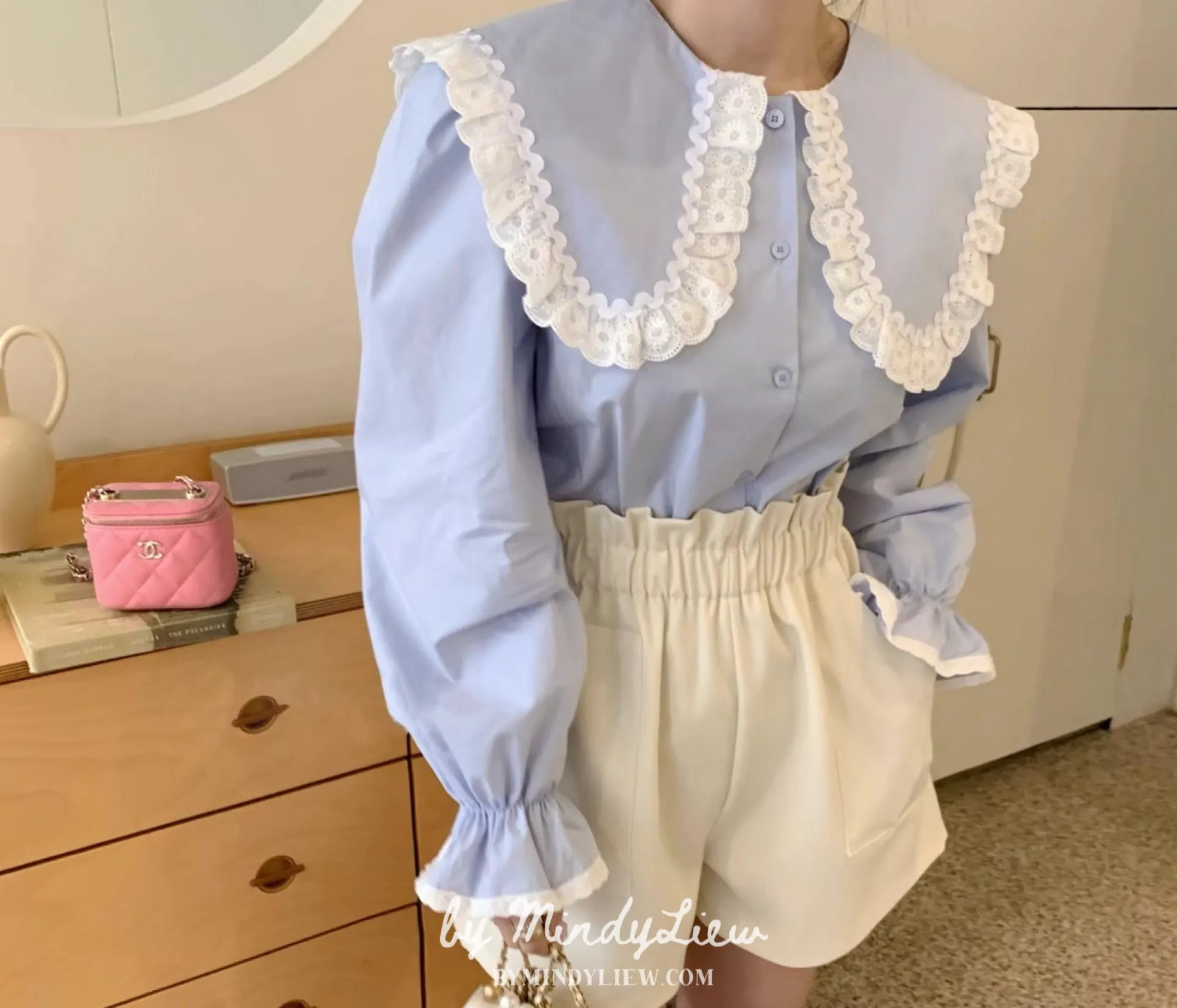 ML24104 Blue Lace Trim Blouse
