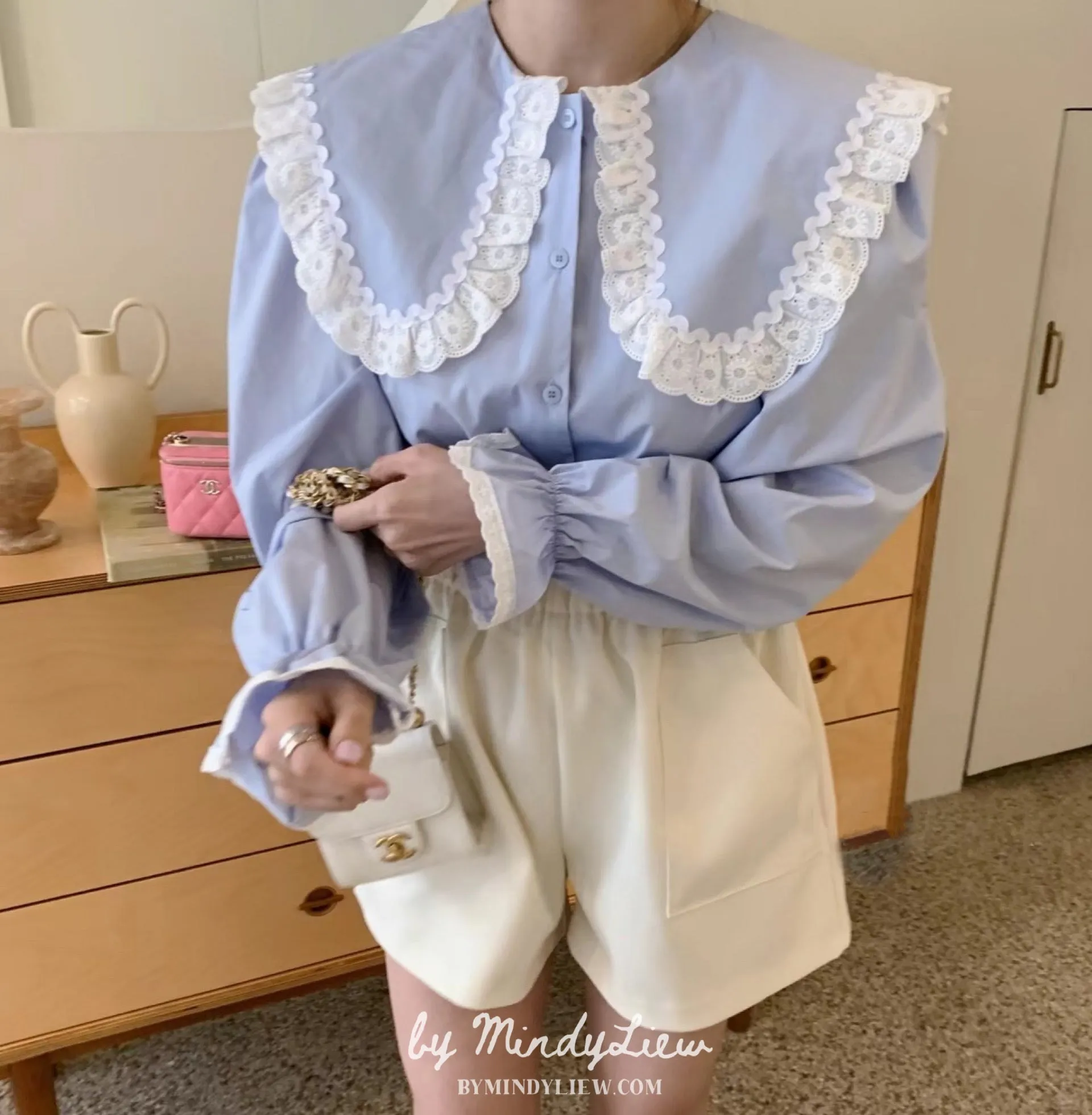 ML24104 Blue Lace Trim Blouse