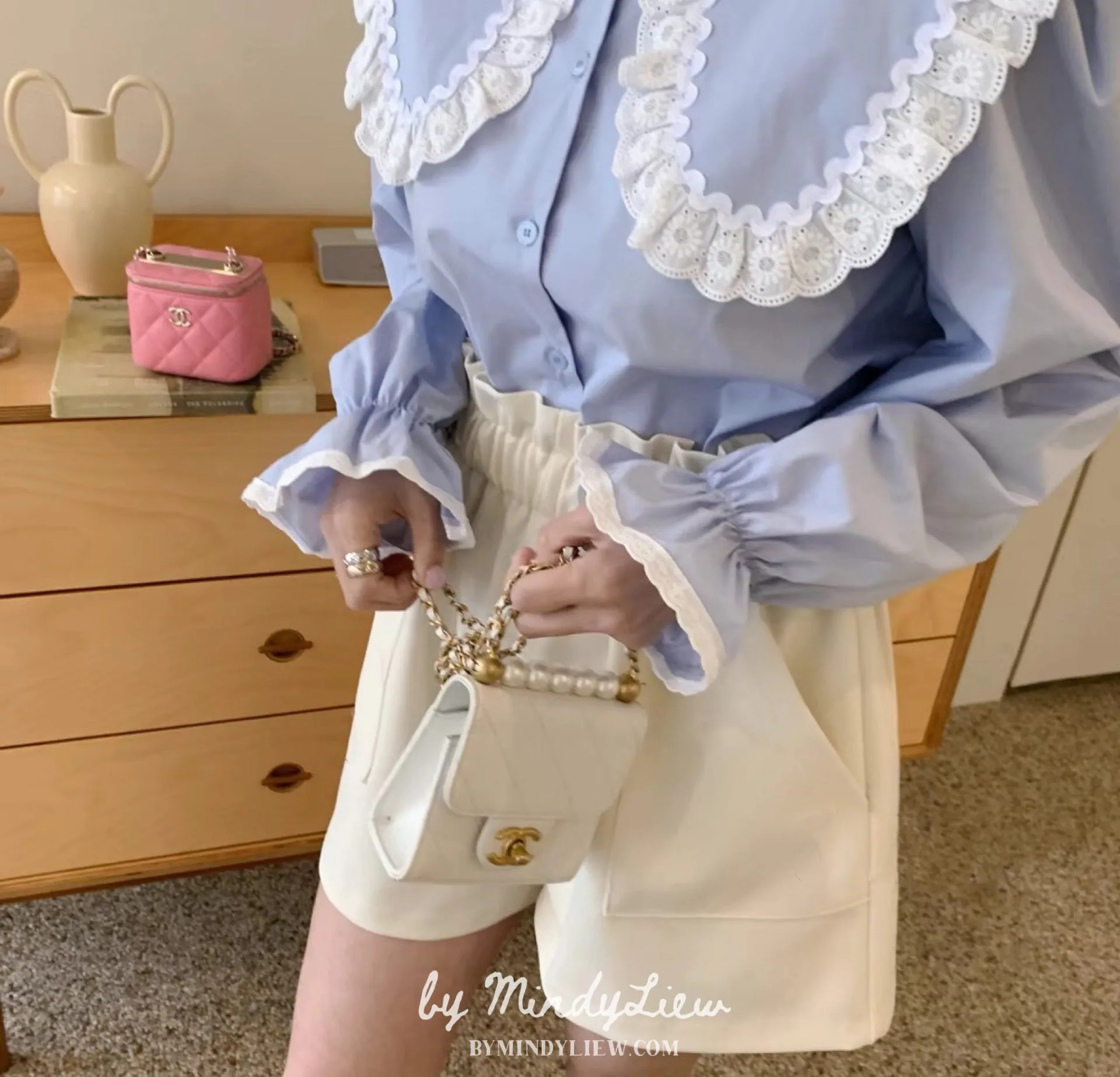 ML24104 Blue Lace Trim Blouse
