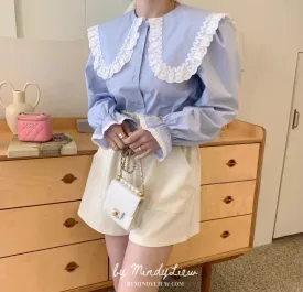 ML24104 Blue Lace Trim Blouse