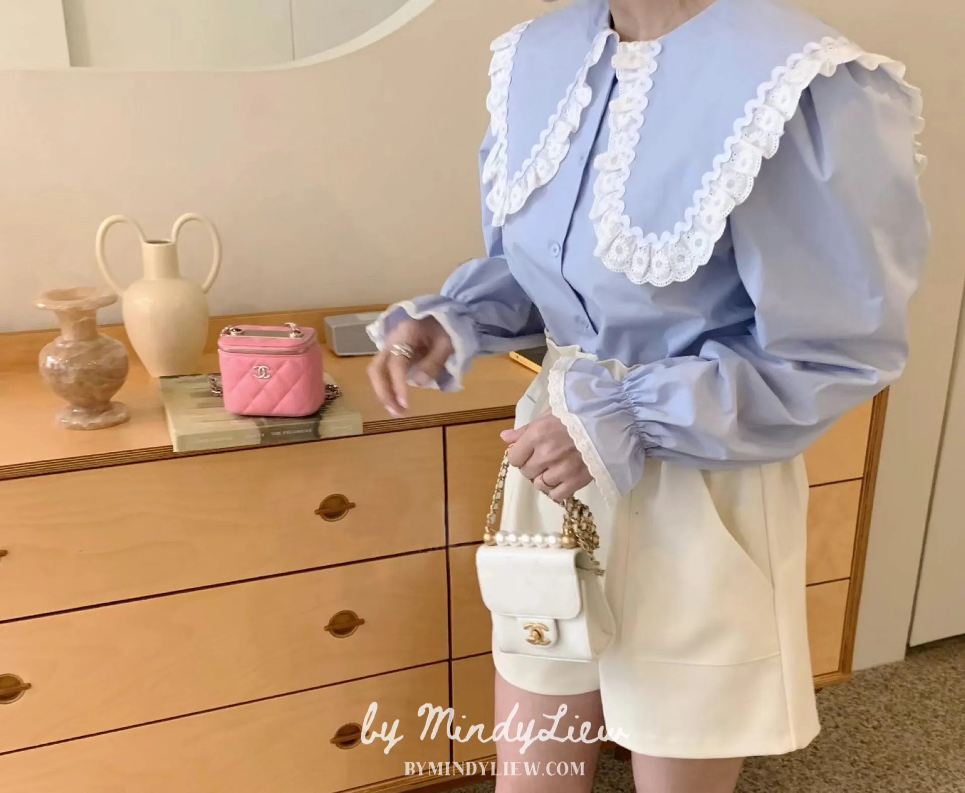 ML24104 Blue Lace Trim Blouse