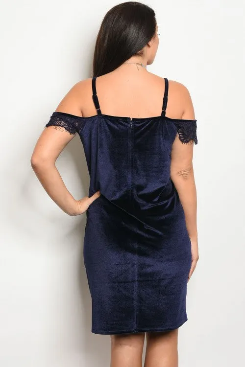 Navy Blue Velvet Plus Size Cocktail Dress with Lace Details