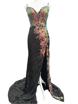 Nina Canacci 6634 Size 4 Black Fitted Slit Prom Dress Multi Sequins sheer back Formal Evening Gown