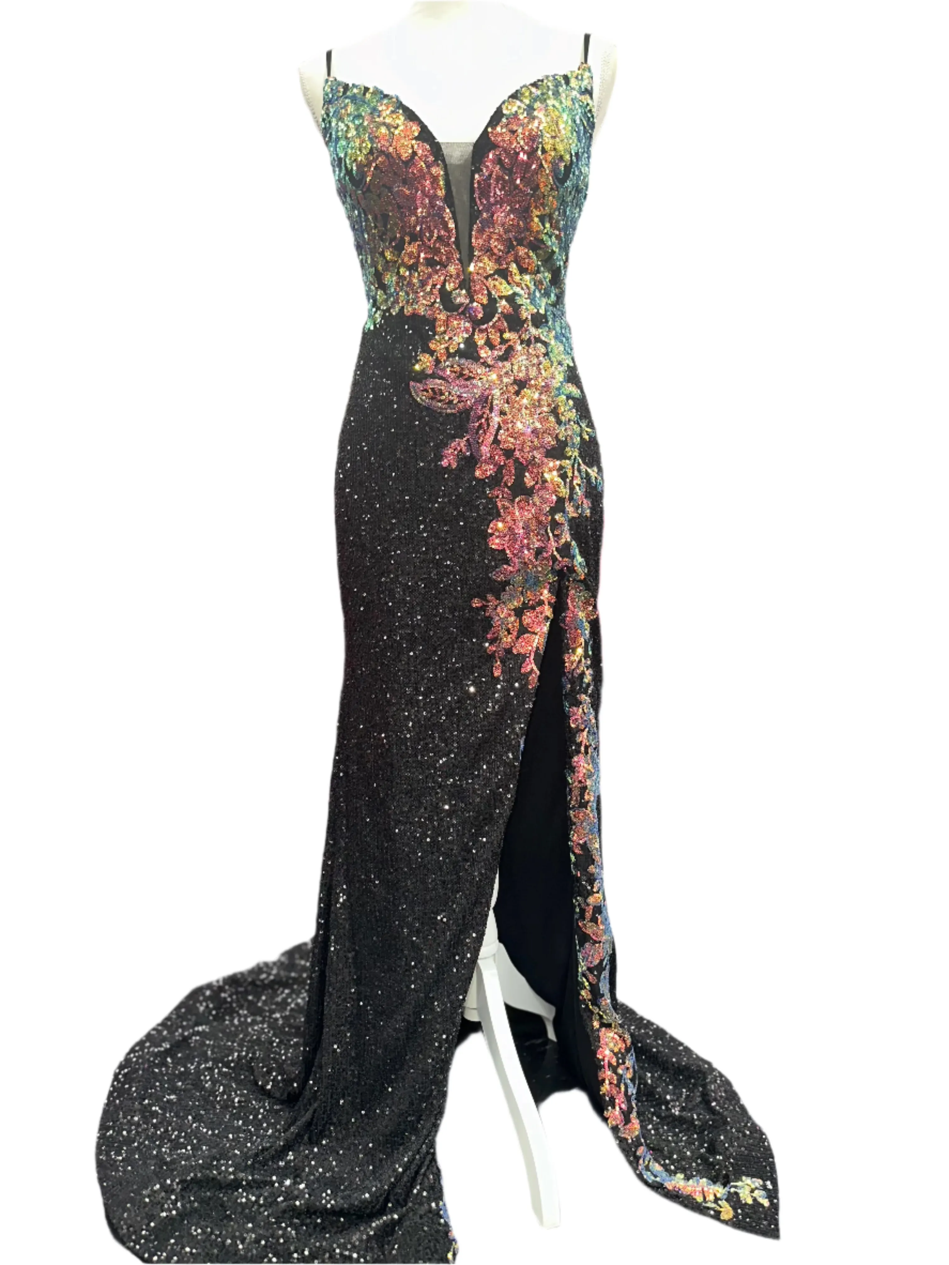 Nina Canacci 6634 Size 4 Black Fitted Slit Prom Dress Multi Sequins sheer back Formal Evening Gown
