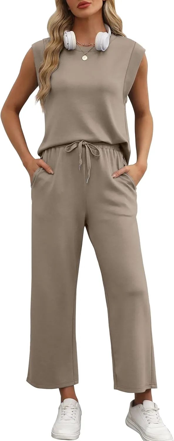 OFEEFAN Lounge Sets for Women 2 Piece Matching Sets Spring Summer Outfits Casual Cap Sleeve Crewneck Wide Leg Pants