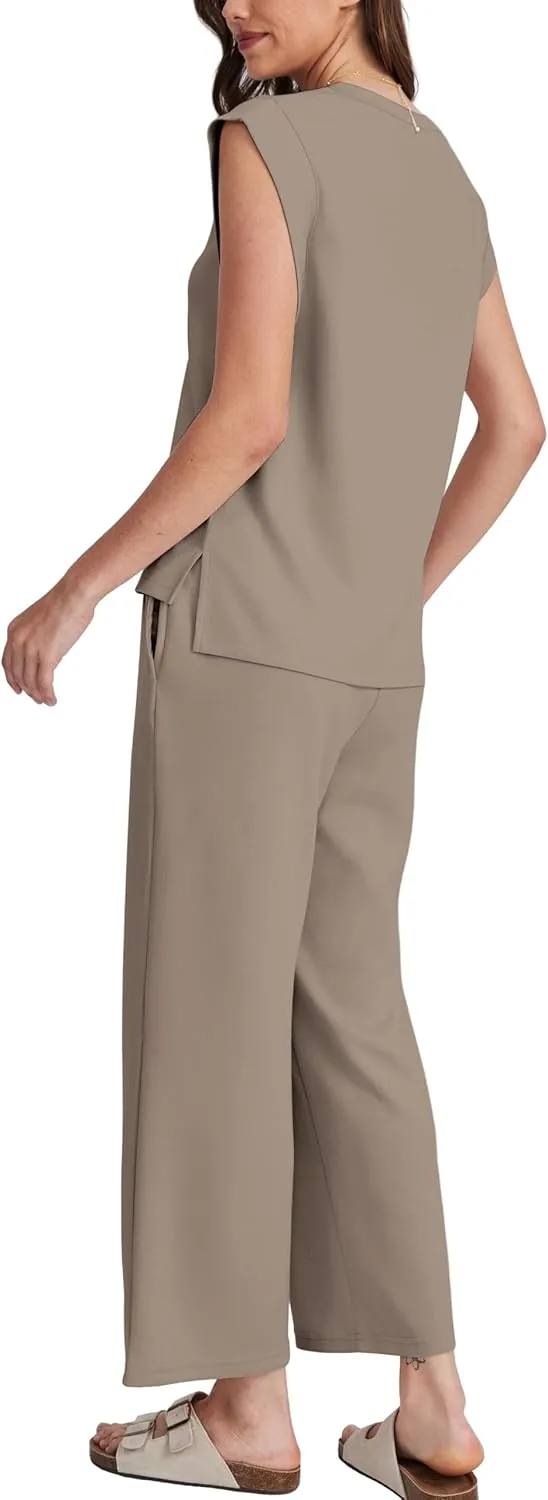 OFEEFAN Lounge Sets for Women 2 Piece Matching Sets Spring Summer Outfits Casual Cap Sleeve Crewneck Wide Leg Pants
