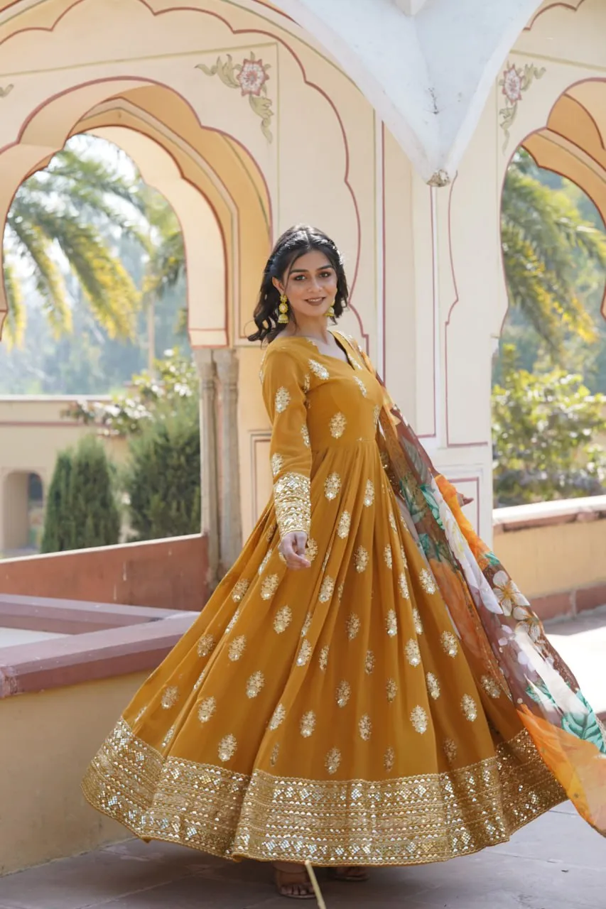 Premium Mustard Designer Readymade Faux Georgette Gown with Zari & Sequin Embroidery, V-Neck, Full Sleeves & Dupatta
