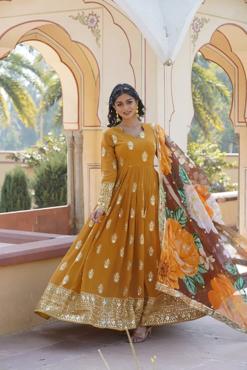 Premium Mustard Designer Readymade Faux Georgette Gown with Zari & Sequin Embroidery, V-Neck, Full Sleeves & Dupatta