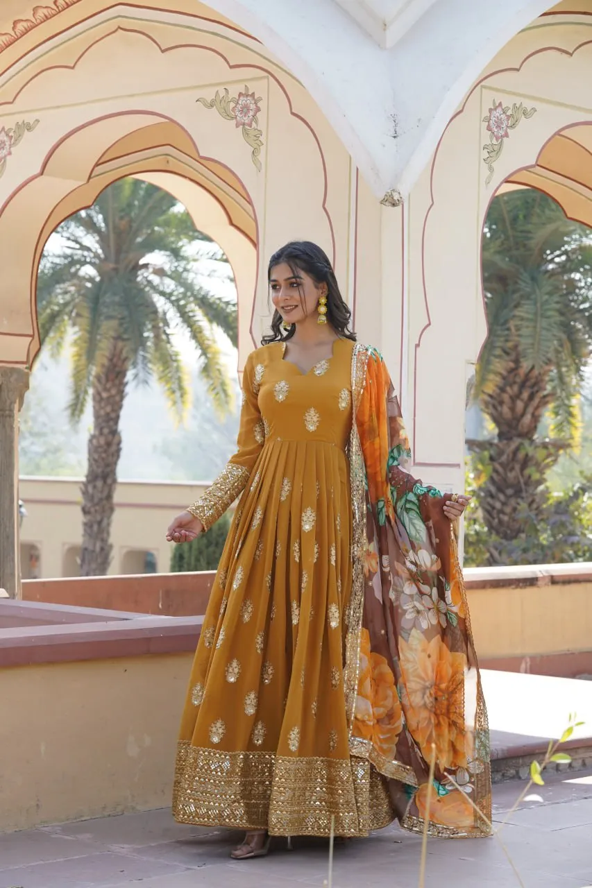 Premium Mustard Designer Readymade Faux Georgette Gown with Zari & Sequin Embroidery, V-Neck, Full Sleeves & Dupatta