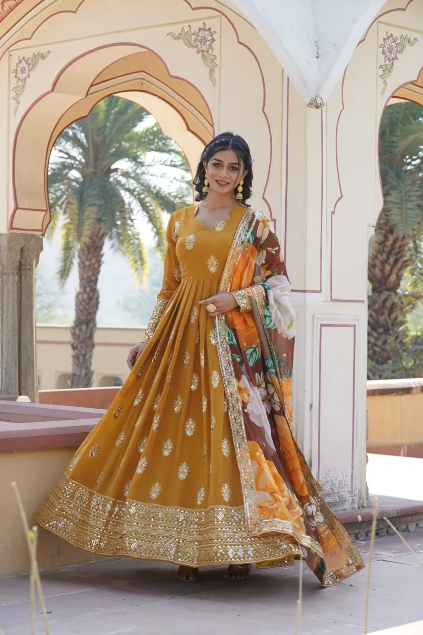 Premium Mustard Designer Readymade Faux Georgette Gown with Zari & Sequin Embroidery, V-Neck, Full Sleeves & Dupatta