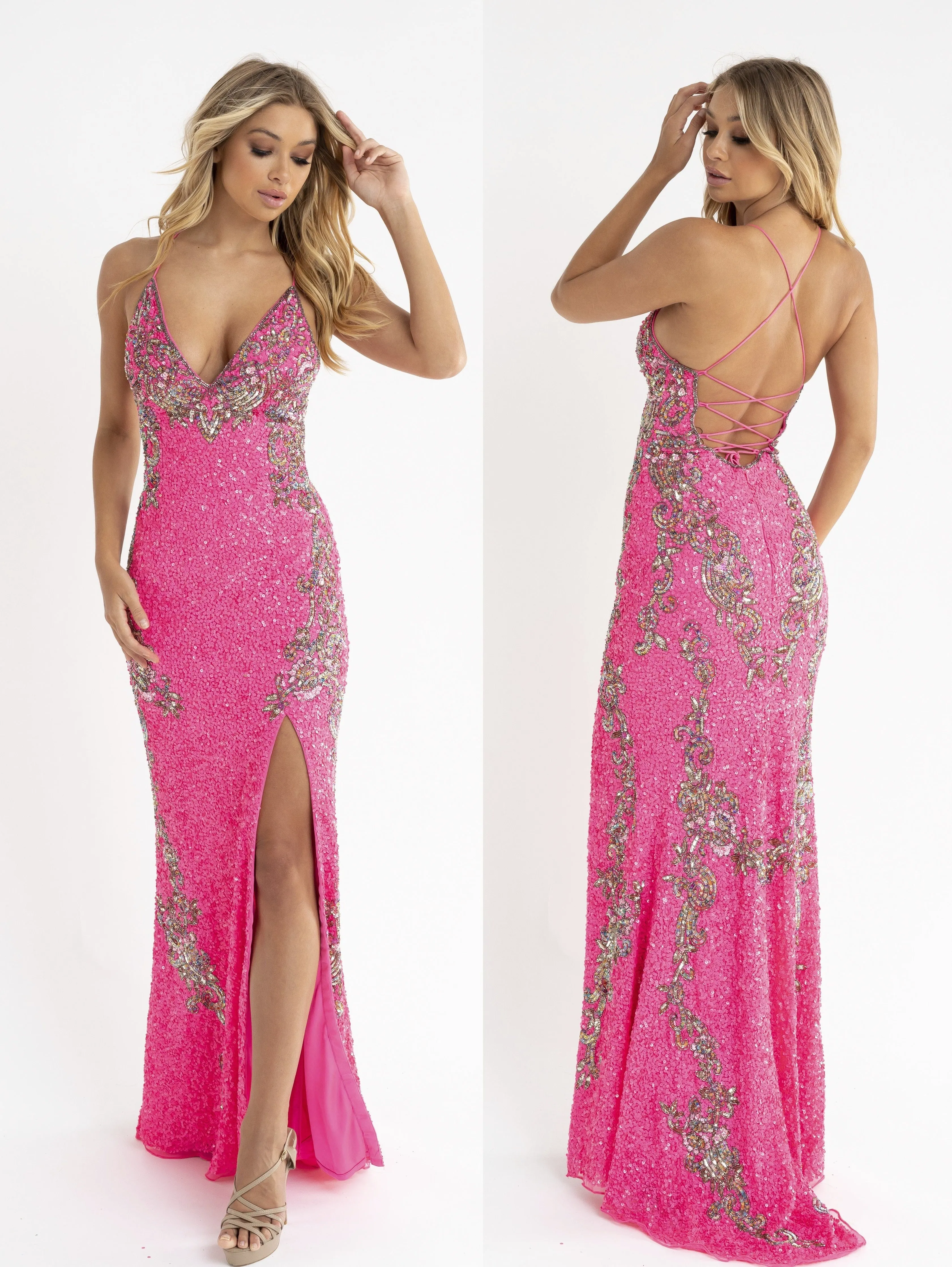Primavera Couture 3211 Neon Pink Size 10 Sequin Prom Dress Pageant Gown Evening Formal Wear Side Slit