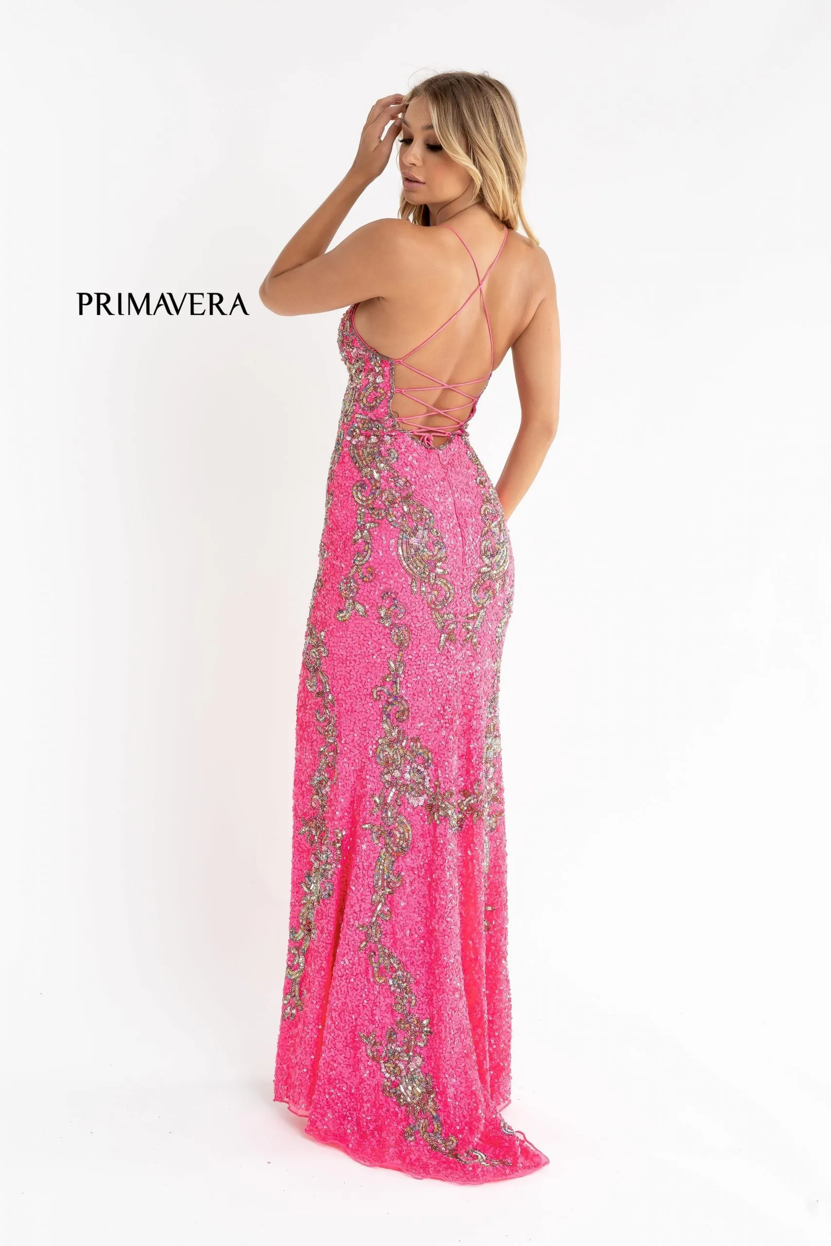 Primavera Couture 3211 Neon Pink Size 10 Sequin Prom Dress Pageant Gown Evening Formal Wear Side Slit