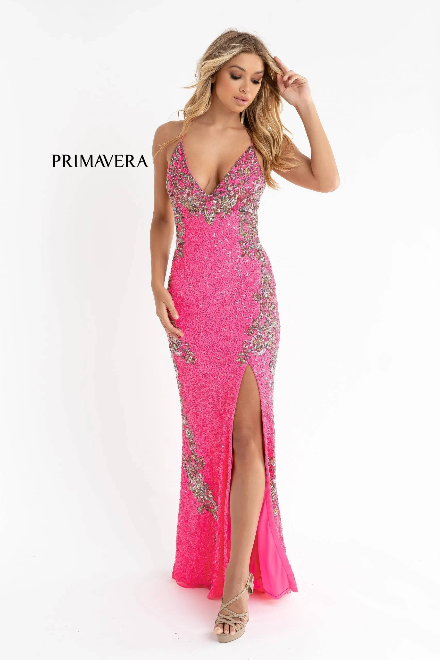 Primavera Couture 3211 Neon Pink Size 10 Sequin Prom Dress Pageant Gown Evening Formal Wear Side Slit