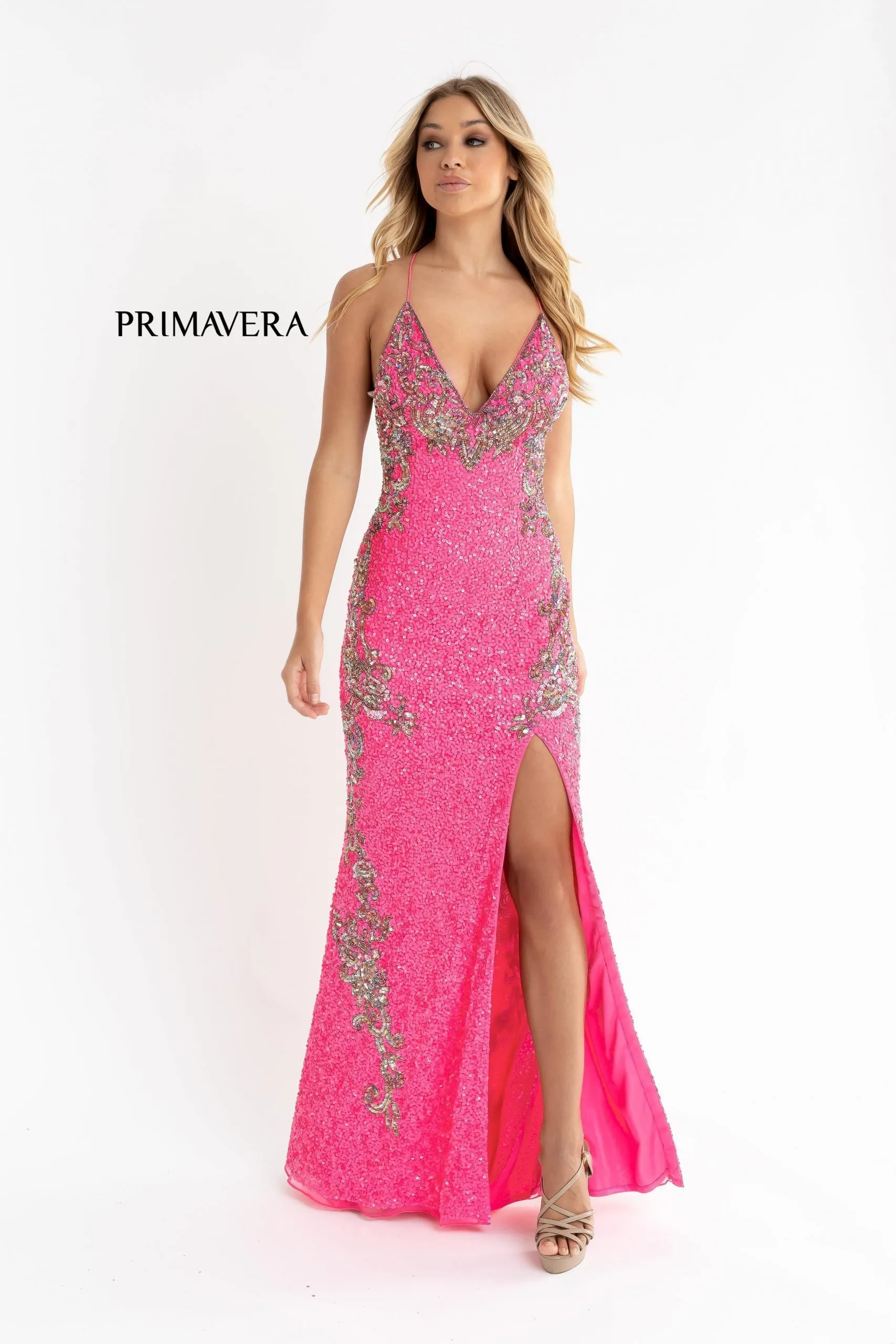 Primavera Couture 3211 Neon Pink Size 10 Sequin Prom Dress Pageant Gown Evening Formal Wear Side Slit