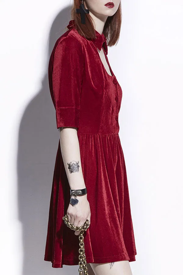 Red Velvet Buttoned A-line Dress
