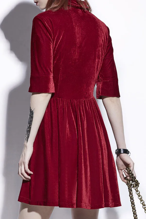Red Velvet Buttoned A-line Dress