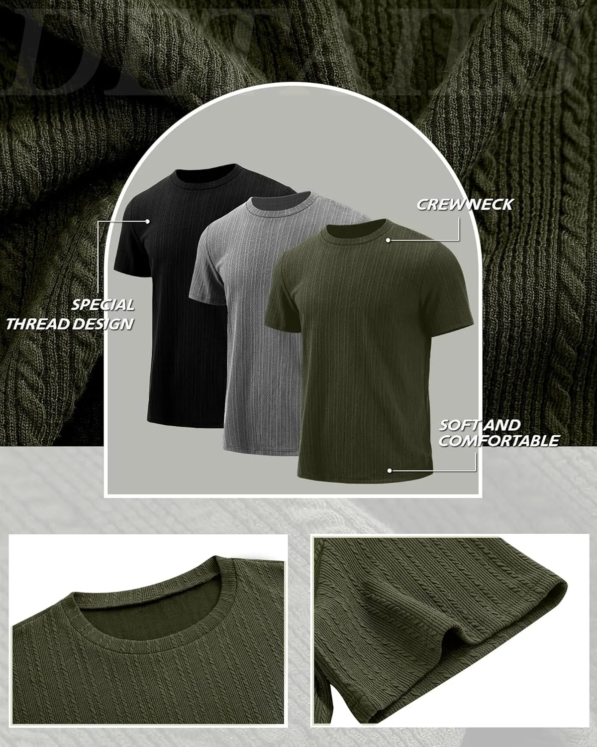 Riyiper 3 Pack Men's Short Sleeve T Shirts Loose Crew Neck Casual Stretchy Tees Summer Textured Knit Basic Lightweight Tops