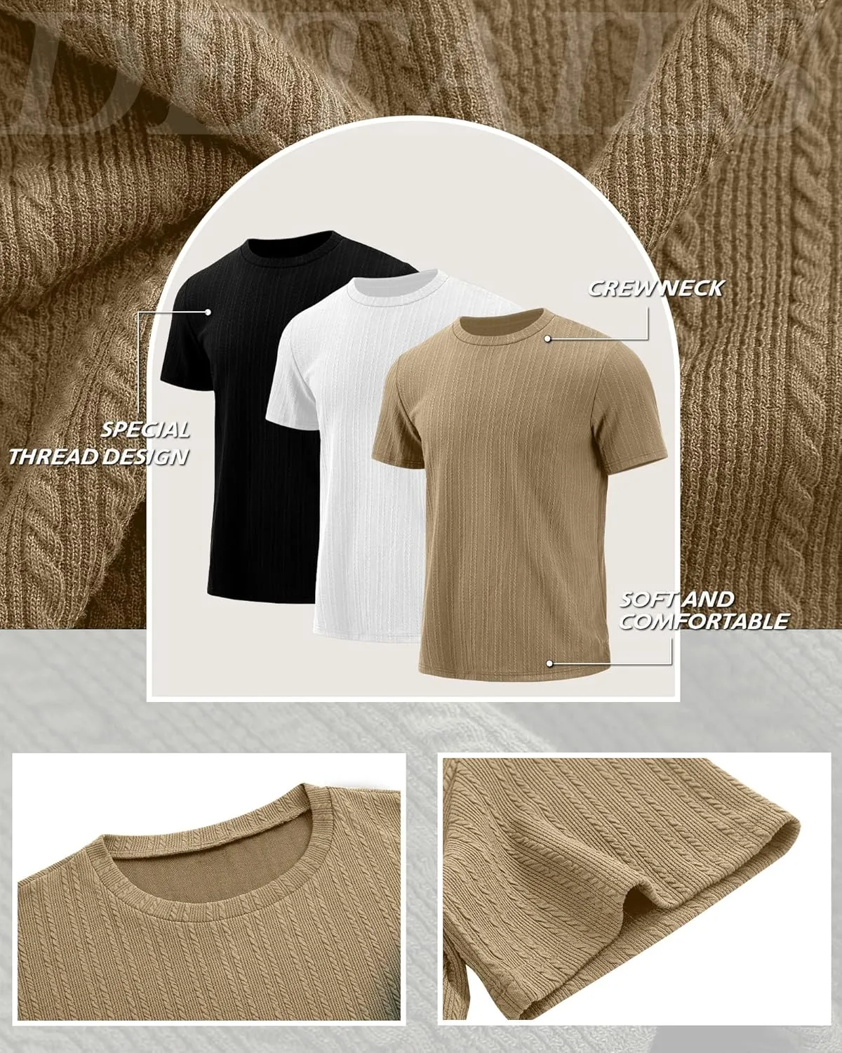 Riyiper 3 Pack Men's Short Sleeve T Shirts Loose Crew Neck Casual Stretchy Tees Summer Textured Knit Basic Lightweight Tops