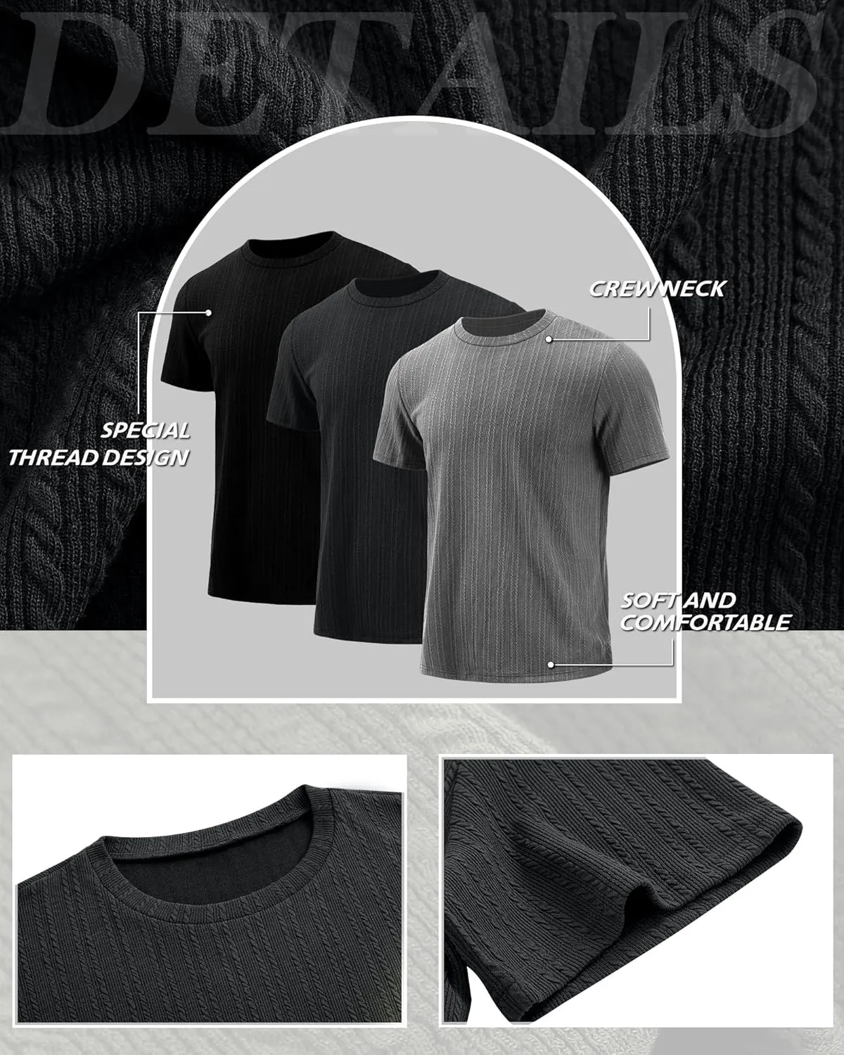 Riyiper 3 Pack Men's Short Sleeve T Shirts Loose Crew Neck Casual Stretchy Tees Summer Textured Knit Basic Lightweight Tops