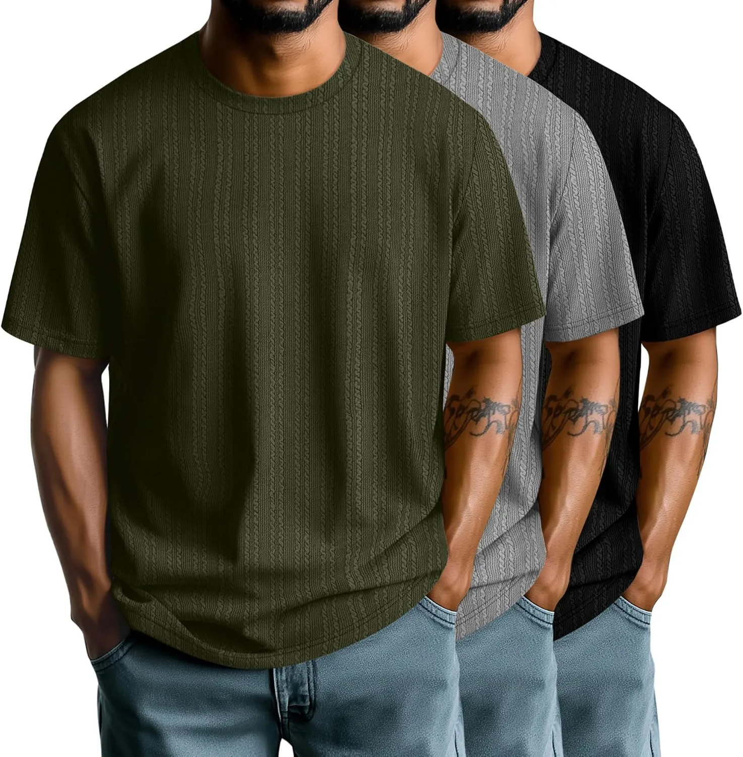 Riyiper 3 Pack Men's Short Sleeve T Shirts Loose Crew Neck Casual Stretchy Tees Summer Textured Knit Basic Lightweight Tops