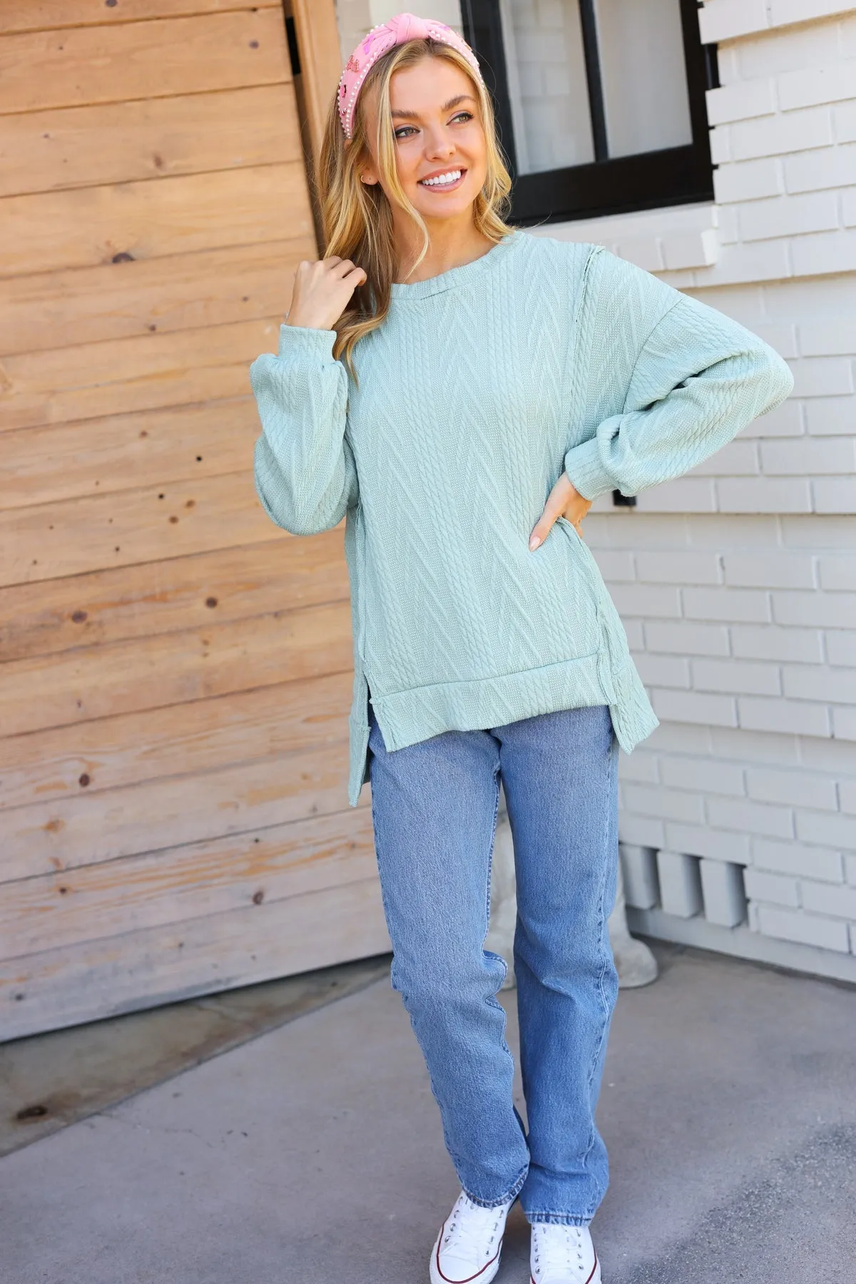 Sage Jacquard Cable Pullover Top