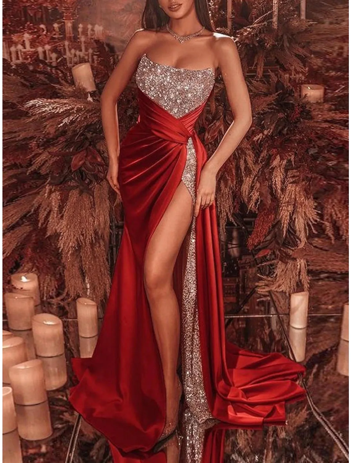 Sheath Black Dress Evening Gown Christmas Red Green Dress Formal Court Train Sleeveless Strapless Sequined with Ruched Sequin Slit