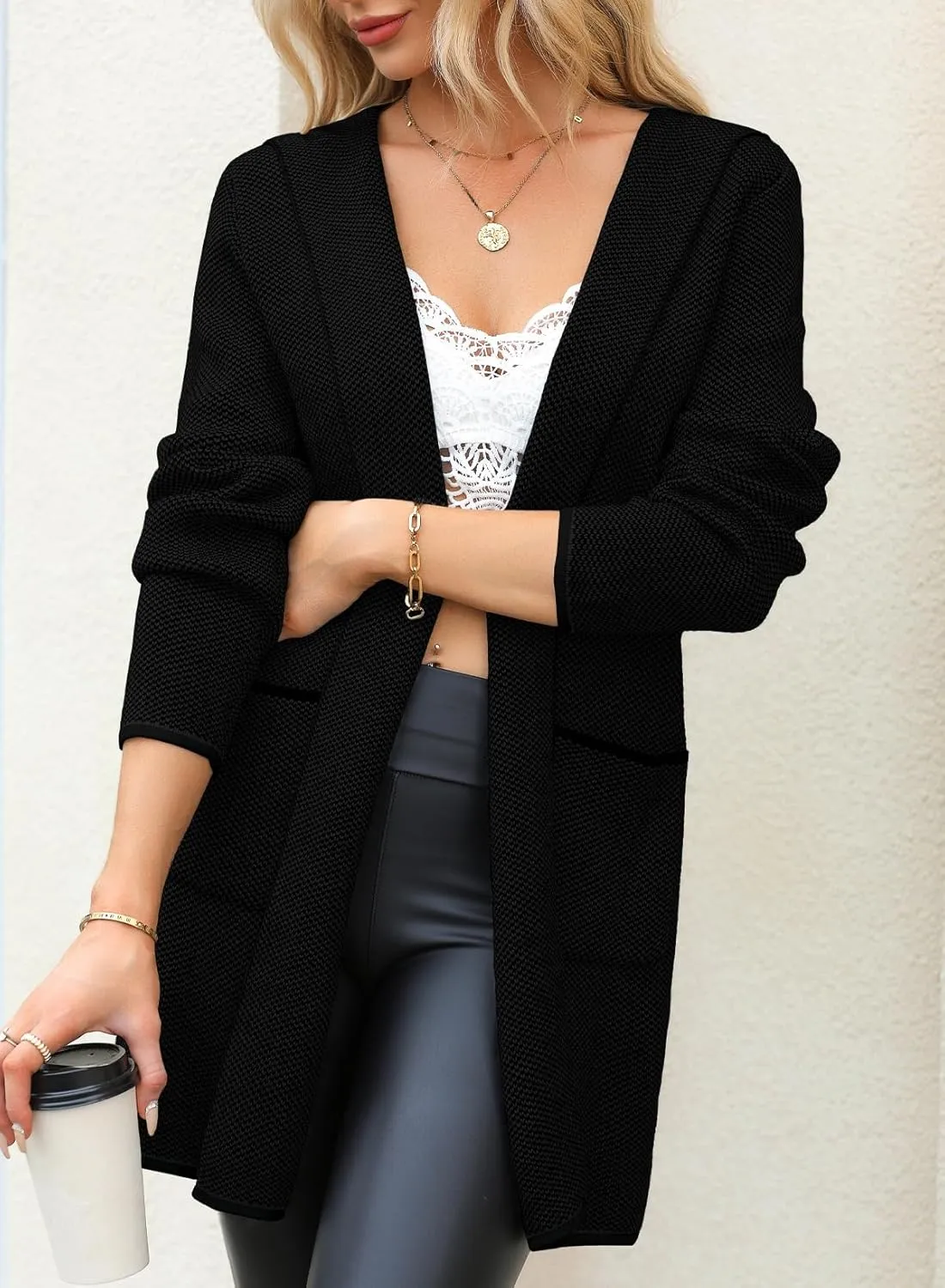 Sidefeel Women's 2024 Fall Long Sleeve Open Front Contrast Cardigan Sweaters Oversized Chunky Knit Hooded Sweaters Coat