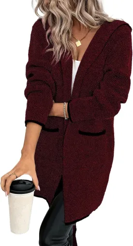 Sidefeel Women's 2024 Fall Long Sleeve Open Front Contrast Cardigan Sweaters Oversized Chunky Knit Hooded Sweaters Coat