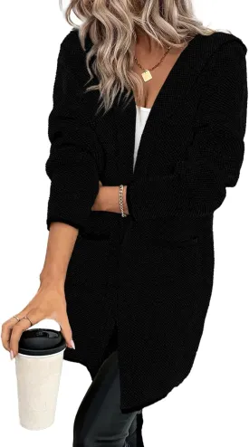 Sidefeel Women's 2024 Fall Long Sleeve Open Front Contrast Cardigan Sweaters Oversized Chunky Knit Hooded Sweaters Coat