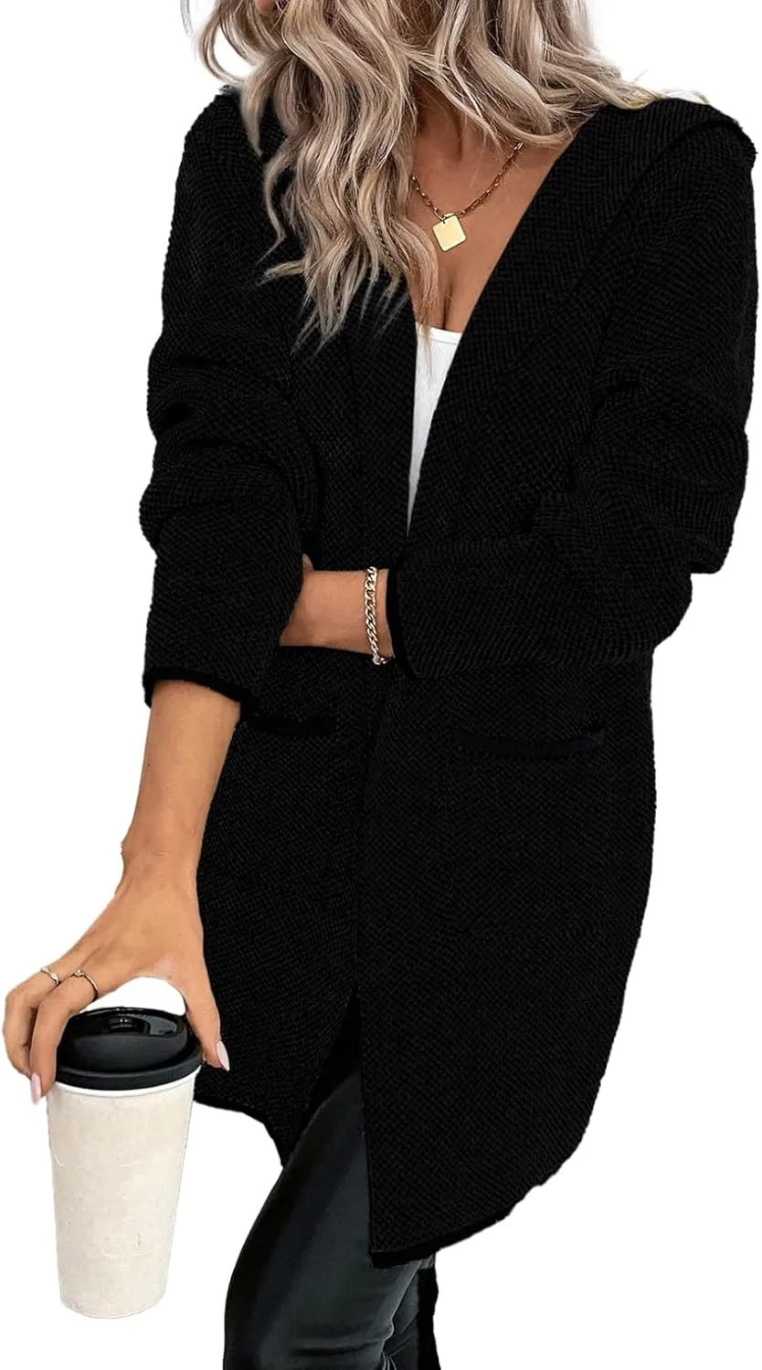 Sidefeel Women's 2024 Fall Long Sleeve Open Front Contrast Cardigan Sweaters Oversized Chunky Knit Hooded Sweaters Coat
