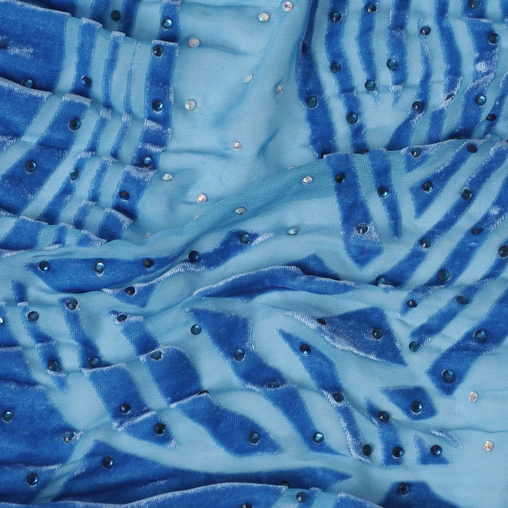 Sky blue silk blended velvet burnout chiffon fabric having stone work in fancy design-D15203