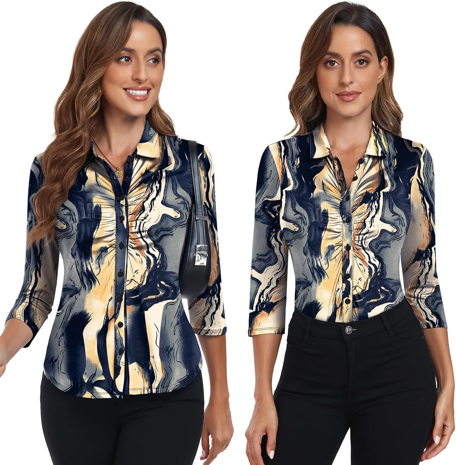Soneven Women's 3/4 Sleeve Golf Polo Shirts V Neck Ruffle Sleeve Dressy Tops Casual Work Tunic Blouses