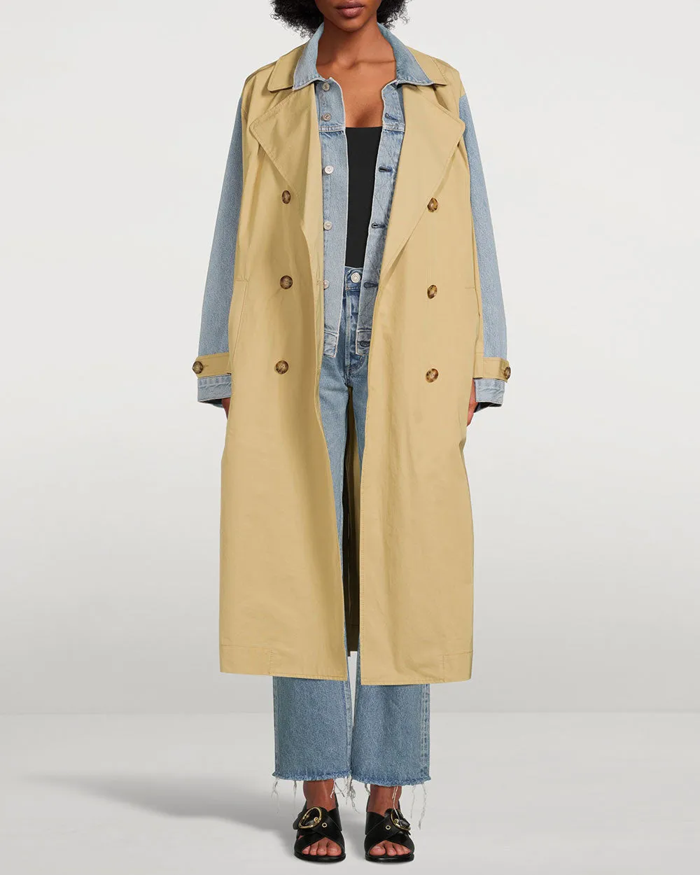 Spliced Denim Trench Coat