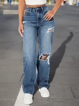 Trendy Ripped High-Waist Straight-Leg Jeans for Women