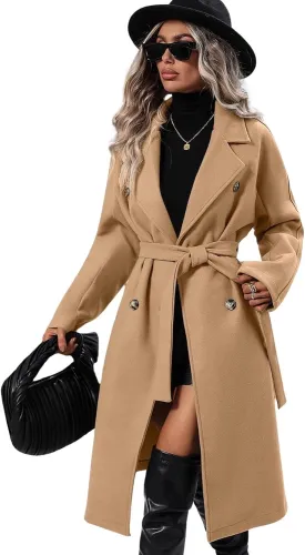 utcoco Womens Long Wool Pea Coat Notched Lapel Double Breasted Trench Coat Winter Warm Overcoat with Belt