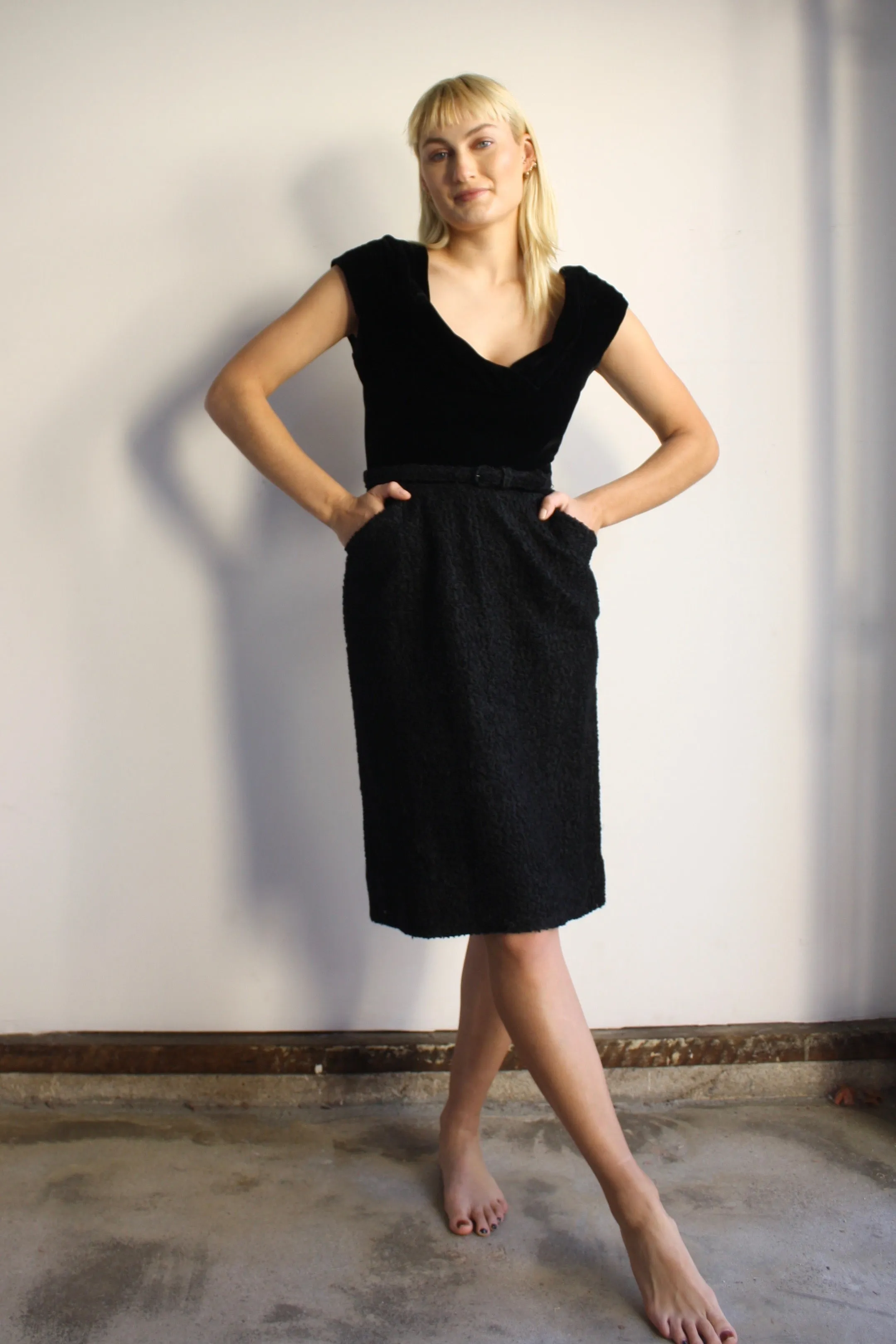 Velvet & Boucle Belted Dress