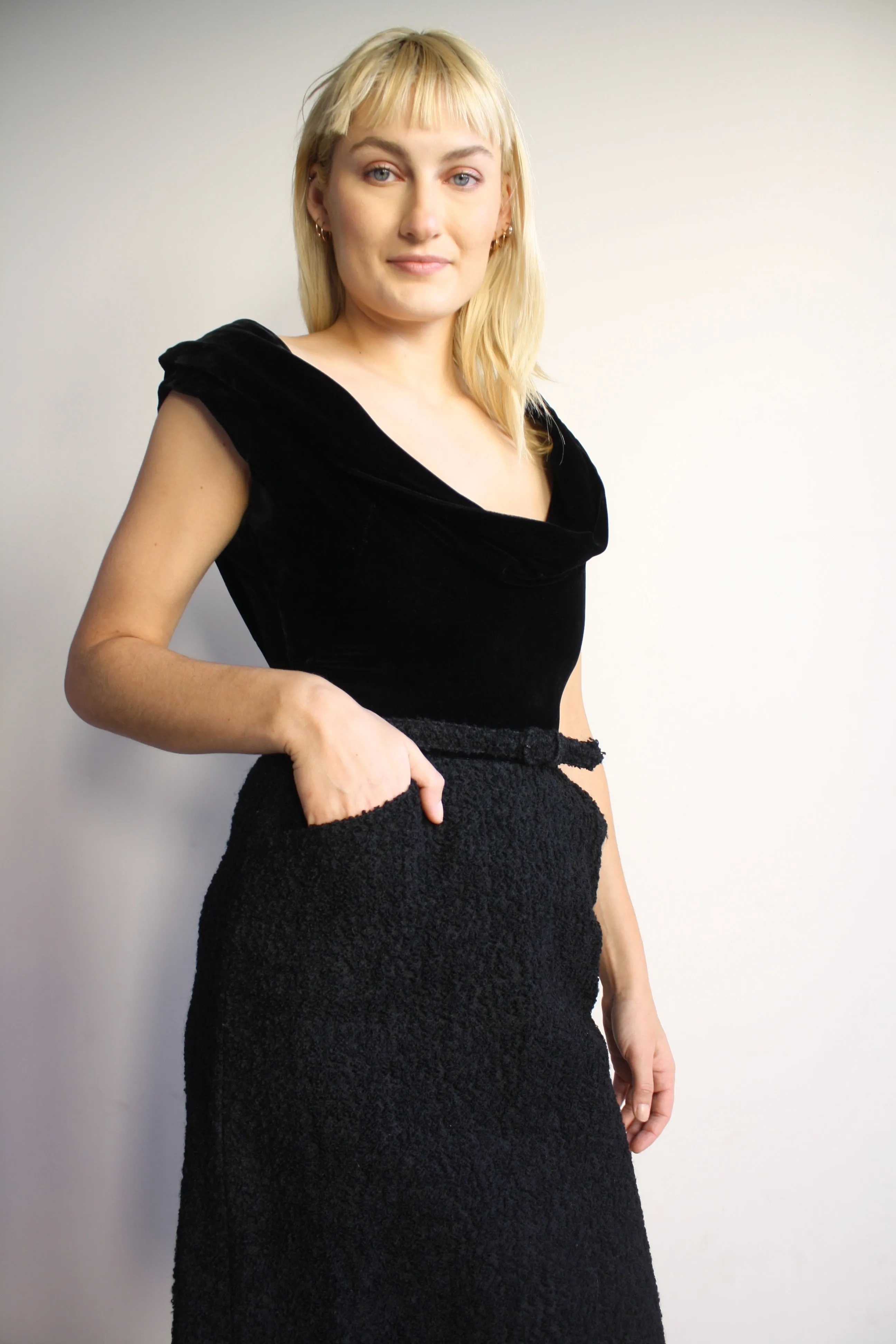 Velvet & Boucle Belted Dress
