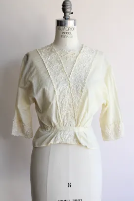 Vintage 1910s Edwardian Ivory Cotton Blouse With Embroidered Lace