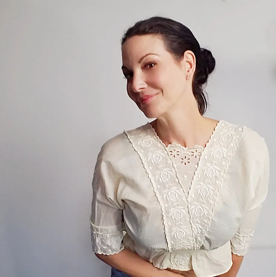 Vintage 1910s Edwardian Ivory Cotton Blouse With Embroidered Lace