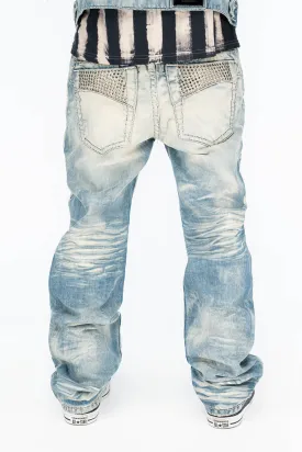 VINTAGE INDIGO DISTRESSED ,RIPPED JEAN WITH WHITE CONTRAST STICH IN OMAHA BROKEN WASH WITH CRYSTALS