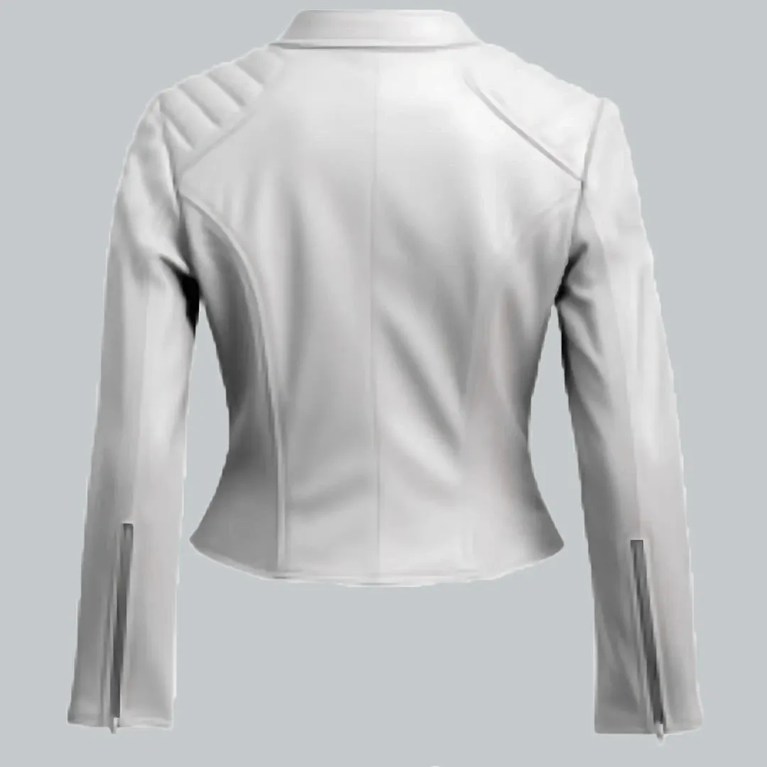 White Faux Leather Biker Jacket For Women
