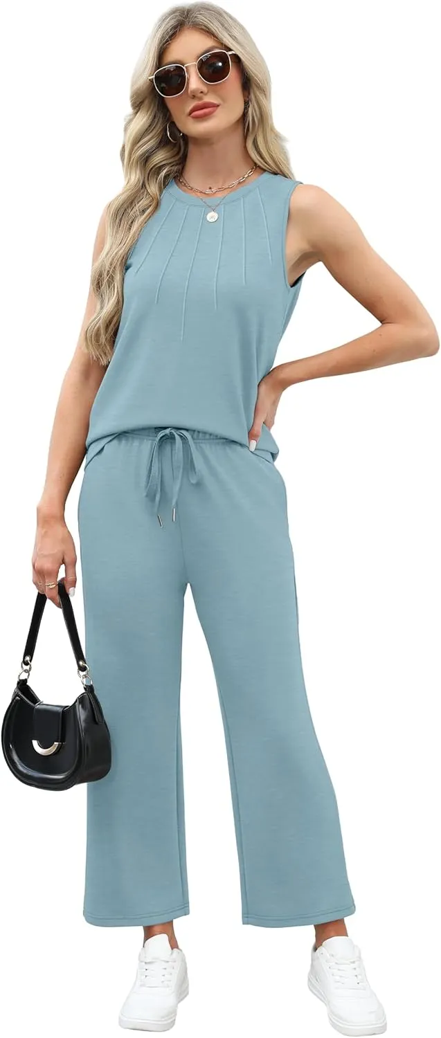 WIHOLL Two Piece Sets for Women Summer Vacation Travel Outfits Pleated Tank Top Wide Leg Crop Pants Matching Lounge Sets