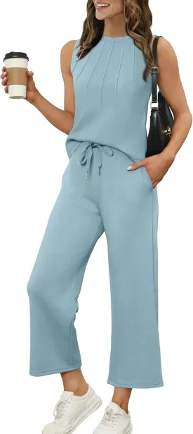 WIHOLL Two Piece Sets for Women Summer Vacation Travel Outfits Pleated Tank Top Wide Leg Crop Pants Matching Lounge Sets