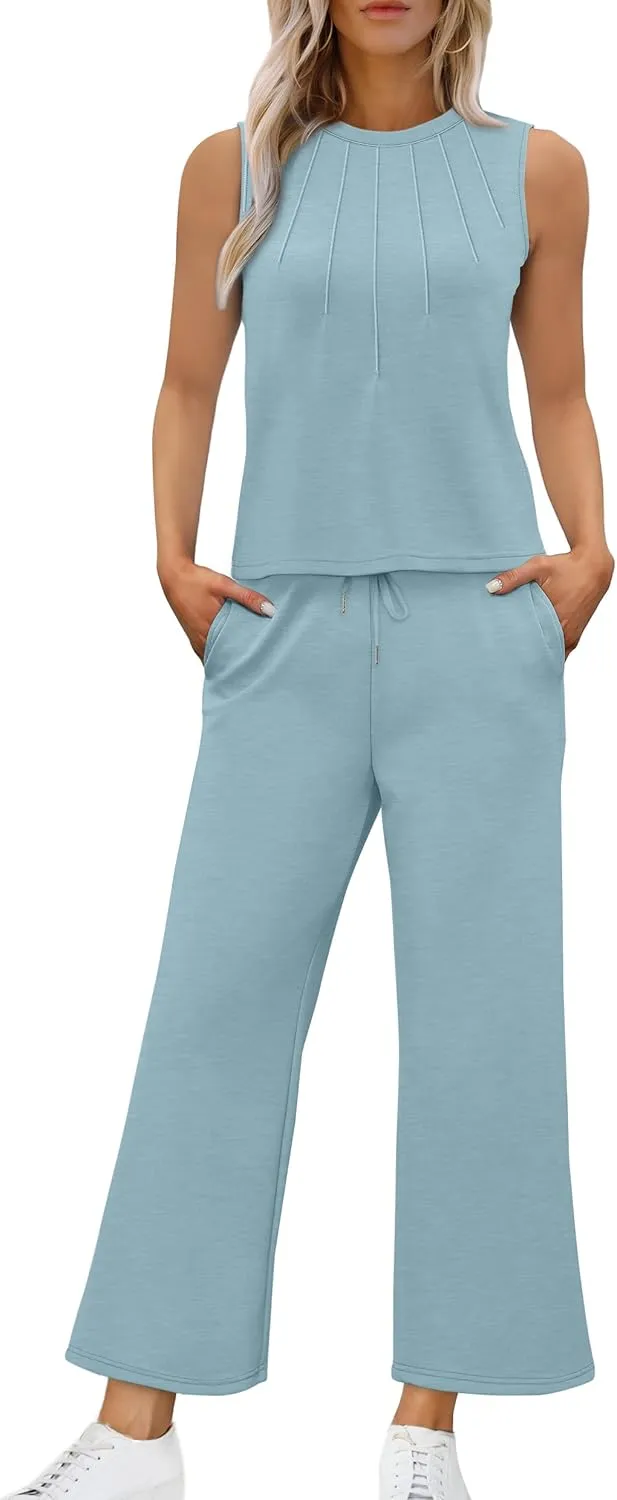 WIHOLL Two Piece Sets for Women Summer Vacation Travel Outfits Pleated Tank Top Wide Leg Crop Pants Matching Lounge Sets
