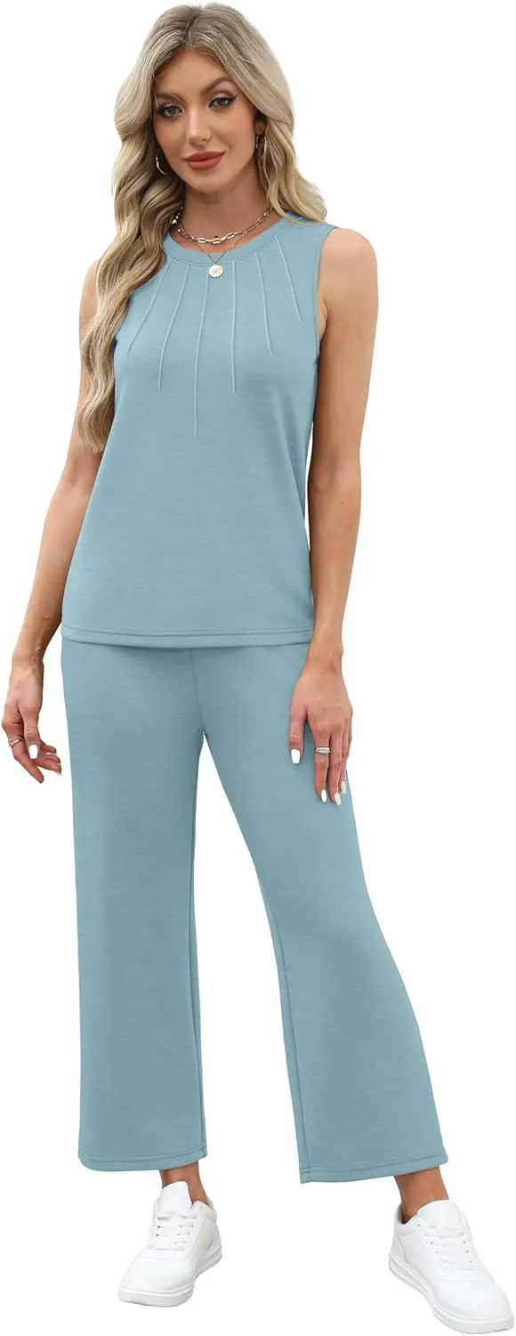 WIHOLL Two Piece Sets for Women Summer Vacation Travel Outfits Pleated Tank Top Wide Leg Crop Pants Matching Lounge Sets