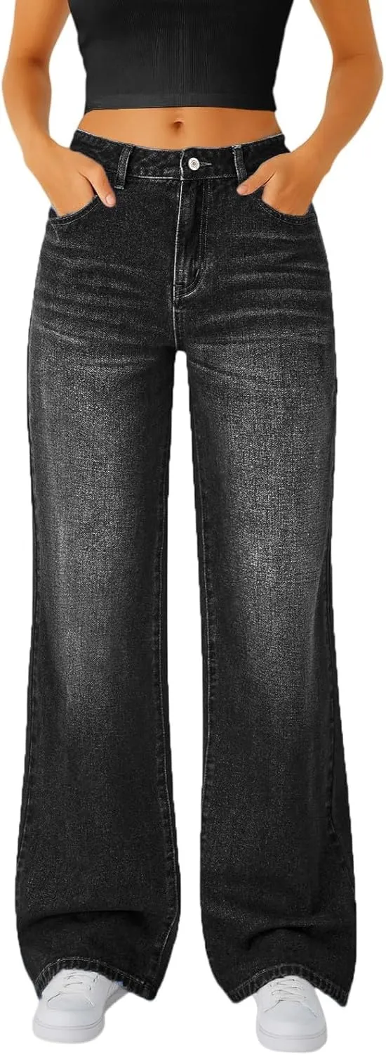 Woman Wide Leg Jeans High Waisted Baggy Jeans Boyfriend Jean Elastic Waist Stretchy Jean Straight Leg Denim Pants