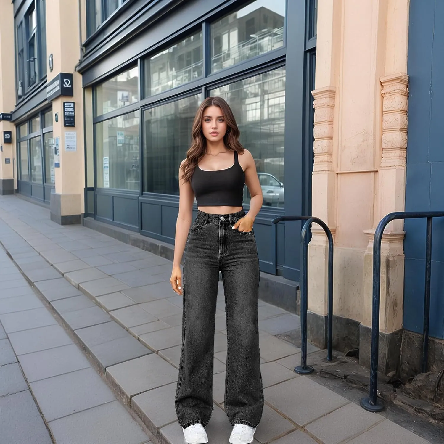Woman Wide Leg Jeans High Waisted Baggy Jeans Boyfriend Jean Elastic Waist Stretchy Jean Straight Leg Denim Pants