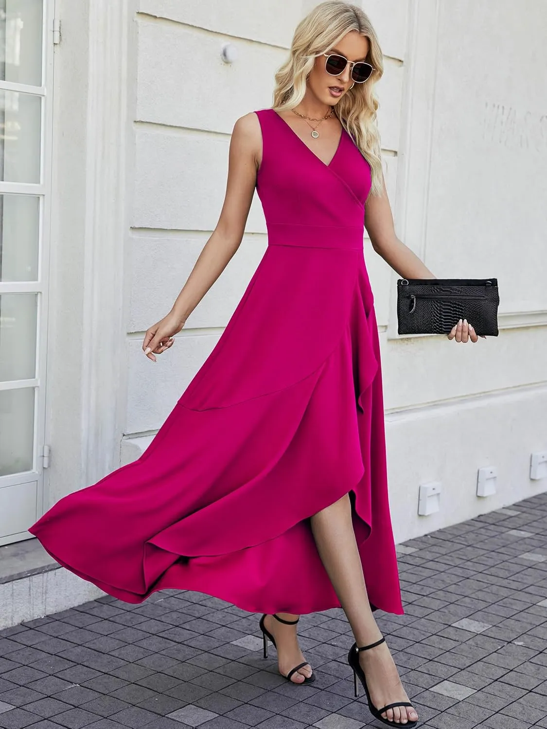 Women Formal Dresses,V Neck Evening Gowns for Women 2024 Long Wedding Guest Party Sleeveless Prom Pockets Dress